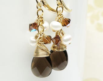 Smoky Quartz Earrings, Brown Stone Earrings, Dangle Quartz Pearl Cluster, Chocolate Coffee Bridesmaid Earrings, Fall Wedding Jewelry Gift