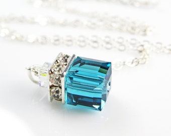 Dark Teal Blue Crystal Necklace, Crystal Cube Pendant, Sterling Silver, Bridesmaid Wedding Necklace, Birthday Birthstone Gift