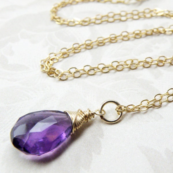 Collier en améthyste véritable, longue chaîne en or rempli, collier superposé avec pendentif en pierre violette, cadeau d'anniversaire de février pour elle, bijoux de pierre de naissance