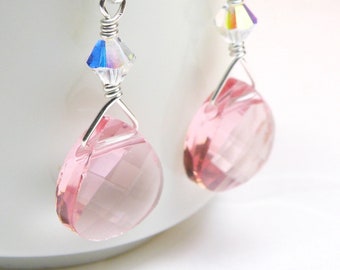 Soft Pink Earrings, Teardrop Swarovski Crystal, Sterling Silver or Gold Filled Dangle Earrings for Bridesmaids, Bridal Party Wedding Jewelry