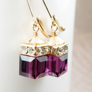 Gold Amethyst Crystal Earrings, Purple Plum Swarovski Cube Dangle Bridesmaids Wedding Jewelry, February Birthday Birthstone Gift image 2