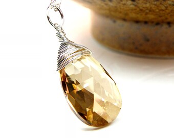 Long Layering Teardrop Necklace, Yellow Topaz Swarovski Crystal Ruby, Black or Blue Color Options Long Sterling Silver Pendant Necklace Gift