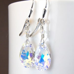 Teardrop Crystal Earrings, Clear Diamond Swarovski Dangle, Sterling Silver, Bridesmaid Wedding Jewelry, April Birthday Birthstone Gift