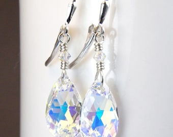 Pendientes de cristal de lágrima, colgante Swarovski de diamantes transparentes, plata de ley, joyería de boda de dama de honor, regalo de piedra de nacimiento de cumpleaños de abril