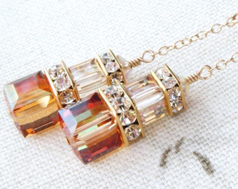 Honey Topaz Crystal Cubes by Swarovski Dangle Earrings, Gold Filled, Long Copper Yellow Orange Earrings, Autumn Wedding Fall Jewelry Gift