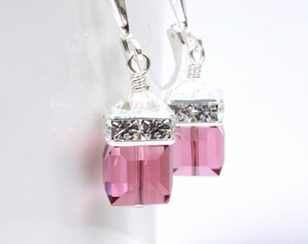 Dusty Rose Crystal Dangle Earrings, Pink Tourmaline Swarovski Crystal Cube Earrings, Sterling or Gold, Bridesmaids Wedding Jewelry Gift