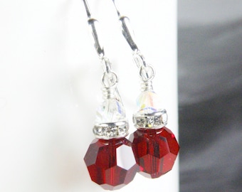 Garnet Red Crystal Earrings, Sterling Silver or Gold Filled, Choose Your Earrings Closure, Short Drop Ball January Birthstone Birthday Gift