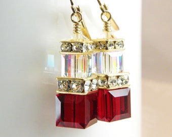 Red Crystal Earrings, Garnet Swarovski Cube, Gold Filled, Red Bridesmaid Earrings Dangle, Wedding Jewelry, January Birthstone Birthday Gift