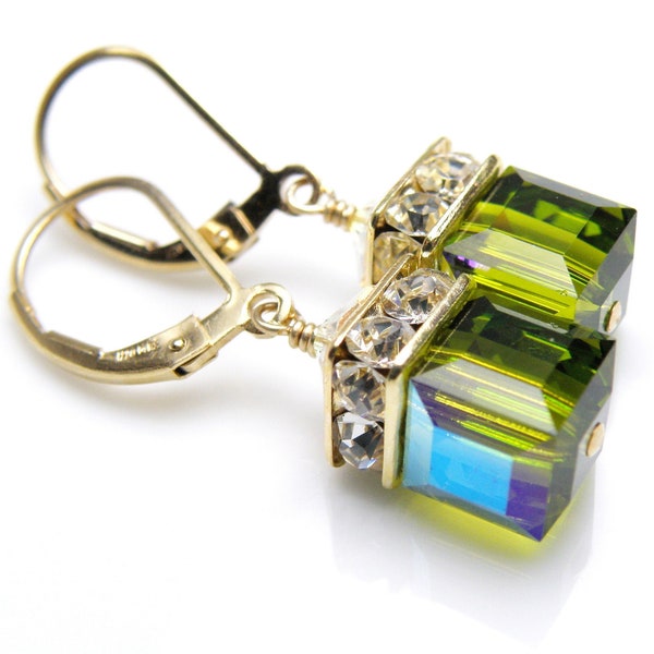 Olive Drop Earrings, Green Swarovski Crystal Cube, Gold Filled, Bridesmaid Dangle Earrings, Autumn Wedding Jewelry, Modern Anniversary Gift