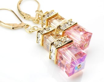 Light Pink and Yellow Earrings, Gold Filled, Swarovski Crystal Cube Dangle Earrings, Bridesmaid Gift, Bridal Party Spring Wedding Jewelry