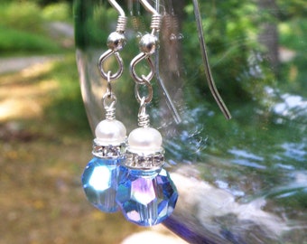 Light Sapphire Blue Crystal Dangle Earrings, Sterling Silver Gold Filled, Swarovski and White Pearl Bridesmaids Gift, September Birthday