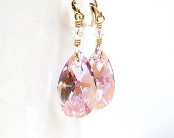 Blush Pink Teardrop Earrings, Sterling Silver or Gold Filled, Swarovski Crystal Dangle Earrings, Pink Opal October Birthday Jewelry Gift