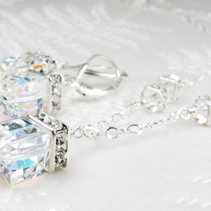 Modern Crystal Wedding Jewelry Set, Sterling Silver or Gold Filled, Clear Opal Crystal Cube Elements, Bride Necklace and Earrings Gift