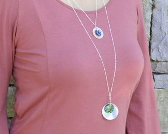 Layering Shell Necklace, Disc Abalone Pendant, Beach Wedding Jewelry, Casual Long Chain Necklace with Large Round Pendant for Tunic Dress