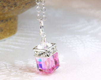 Pink Topaz Crystal Necklace, Sterling Silver, Gold Filled, Swarovski Crystal Cube Jewelry, October Birthday Birthstone Gift, Spring Wedding