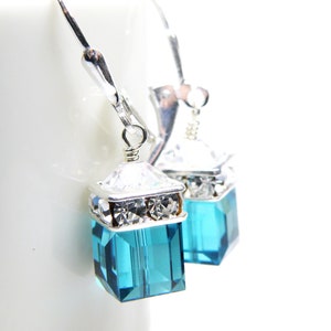 Dark Teal Crystal Earrings, Sterling Silver or Gold Filled, London Blue Topaz Swarovski Cube Dangle Wedding Jewelry, December Birthday Gift