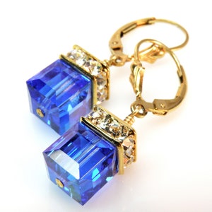 Royal Blue Crystal Earrings, Gold Filled, Sapphire Swarovski Crystal Cube Earrings, Bridesmaid Earrings, Wedding Jewelry, September Birthday