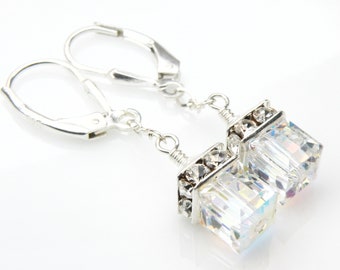 Petite Crystal Earrings, Clear Swarovski Cube Dangle Earrings, Teen Junior Bridesmaid Wedding Jewelry, October Birthstone Moonstone Gift