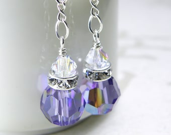 Purple Tanzanite Crystal Dangle Earrings, Swarovski Ball, Sterling Silver or Gold Filled, Bridesmaids Minimalist Spring Wedding Jewelry Gift