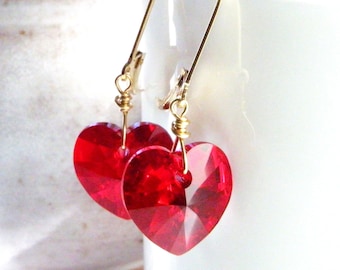 Red Heart Swarovski Crystal Dangle Earrings, Gold Filled or Sterling Silver, Christmas Red Garnet Birthday Gift, Sparkly Valentine Jewelry