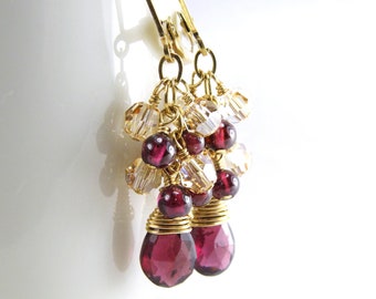 Red Garnet Dangle Earrings, Gold Filled, Sterling Silver, Real Stone Cluster Jewelry, Red Wine Wedding, January Birthstone Birthday Gift