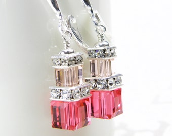 Petite Coral Pink and Blush Crystal Earrings, Sterling Silver, Bridesmaid Swarovski Crystal Gift, Spring Wedding Jewelry, Teen Girl Earrings