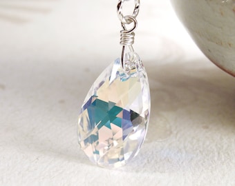 Opal Teardrop Necklace, Swarovski Crystal Pendant, Sterling Silver, Clear White Crystal Jewelry, October Birthday Gift, Bridesmaid Jewelry