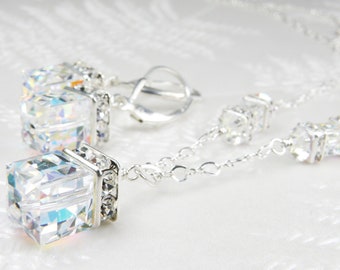 Parure de bijoux de mariage en cristal moderne, argent sterling ou gold filled, éléments cubiques en cristal d'opale transparente, cadeau de collier et boucles d'oreilles pour la mariée