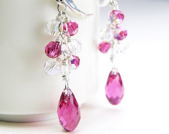 Fuchsia Dangle Earrings, Sterling Silver, Ruby Cluster Chandelier Earrings, Swarovski Crystal Bridesmaid Wedding Jewelry, July Birthday Gift