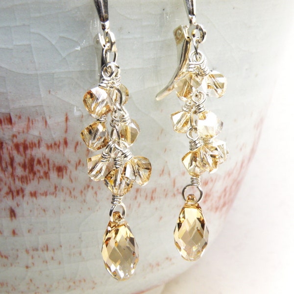 Light Yellow Topaz Crystal Earrings, Champagne Swarovski Crystal, Sterling Silver Cluster Earrings, Long Dangle Bridesmaids Earrings