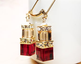 Red Garnet Crystal Earrings, Red and Yellow Swarovski Cube, Gold Filled, Bridesmaid Dangle Earrings Wedding Jewelry, January Birthday Gift