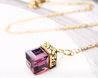 Amethyst Crystal Necklace, Gold Filled, Purple Swarovski Cube Pendant, Bridesmaid Necklace, Modern Wedding Jewelry, February Birthday Gift