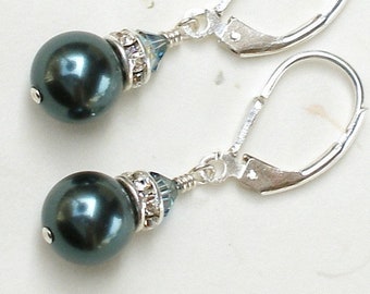 Tahitian Blue Swarovski Pearl Earrings, Deep Teal Pearls, Sterling Silver or Gold Filled, Bridesmaids Gift, Handmade Fall Wedding Jewelry
