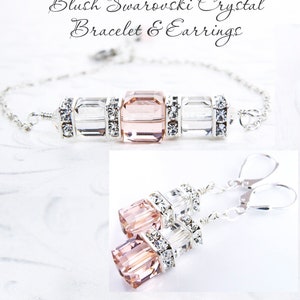 Parure de bijoux rose poudré, boucles d'oreilles bracelet cube de cristal rose et gris, bijoux de mariage modernes de demoiselle d'honneur, couleur au choix