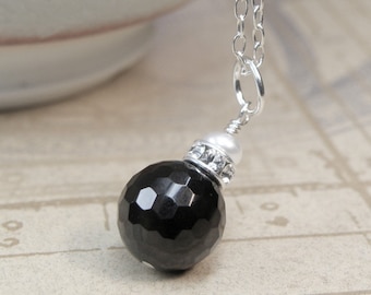 Black Onyx Necklace, Sterling Silver, Black Stone Pendant, White Pearl Accent, Classic Black Necklace, Bridesmaid Necklace, Wedding Jewelry