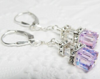 Pink Drop Earrings Swarovski Crystal Cube Sterling Silver | Etsy