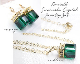 Emerald Crystal Jewelry Set, Gold Filled, Deep Green Cube Necklace and Earrings, Bridesmaid Wedding Jewelry, May Birthday Gift