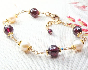 Garnet and Pearl Bracelet, Gold Filled, Natural Red Garnet Stone and White Freshwater Pearl January Birthstone Jewelry Birthday Gift