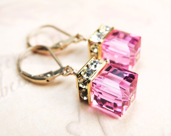 Pink Earrings Gold Filled Rose Swarovski Crystal Cube Pink | Etsy