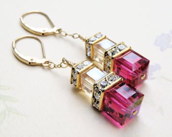 Gold Ruby Crystal Earrings, Swarovski Cube Fuchsia with Champagne Dangle Earrings, Bridesmaids Jewelry, July Birthstone Birthday Gift