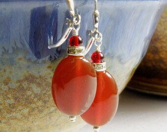 Carnelian Stone Dangle Earrings, Sterling Silver or 14k Gold Filled, Oval Red Orange Gemstone Fall Jewelry, Autumn Earrings, Gift for Women