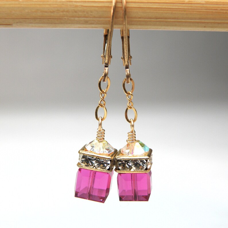 Teen Crystal Earrings, Gold Filled, Petite Ruby Swarovski Crystal Dangle, Fuchsia Junior Bridesmaids Wedding Jewelry, July Birthday Gift image 4