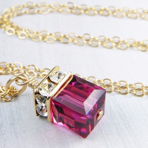 Ruby Crystal Necklace, Crystal Cube Pendant, Gold Filled, Sterling Silver, Fuchsia Wedding Jewelry, Bridesmaids Gift, July Birthday Gold Filled