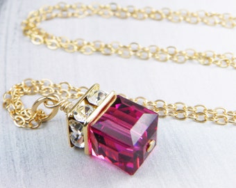 Ruby Crystal Necklace, Crystal Cube Pendant, Gold Filled, Sterling Silver, Fuchsia Wedding Jewelry, Bridesmaids Gift, July Birthday