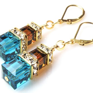 Teal and Chocolate Earrings, Gold Filled, Blue and Brown Swarovski Cube Dangle Earrings, Custom Bridesmaid Autumn Wedding Handmade Jewelry image 3