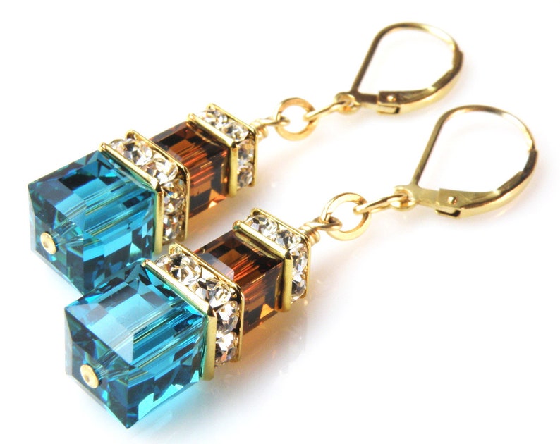 Teal and Chocolate Earrings, Gold Filled, Blue and Brown Swarovski Cube Dangle Earrings, Custom Bridesmaid Autumn Wedding Handmade Jewelry image 3