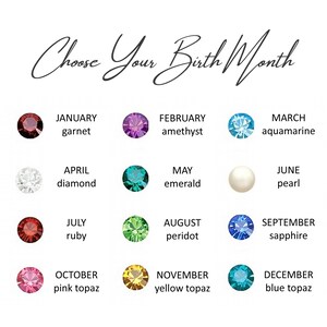 Puede incluir: Imagen que presenta piedras de nacimiento para cada mes, con el texto "Choose Your Birth Month" en la parte superior. Las piedras preciosas incluyen granate, amatista, aguamarina, diamante, esmeralda, perla, rub&iacute;, peridoto, zafiro, topacio rosa, topacio amarillo y topacio azul, cada una etiquetada con su mes.