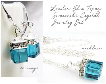 Dark Teal Jewelry Set, Sterling Silver, Crystal London Blue Topaz, Teal Bridesmaid Necklace and Earrings, December Birthday Gift