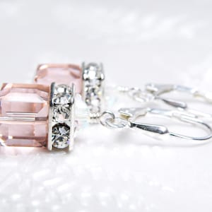 Blush Pink Crystal Earrings, Sterling Silver, Swarovski Crystal Dangle Earrings, Blush Cube Modern Wedding Jewelry Gifts for Bridesmaids