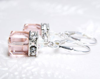 Blush Pink Crystal Earrings, Sterling Silver, Swarovski Crystal Dangle Earrings, Blush Cube Modern Wedding Jewelry Gifts for Bridesmaids